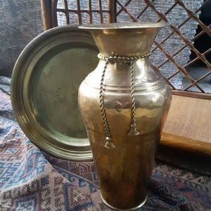 Hammered Brass Tall Vase with Rope & Tassel Detail